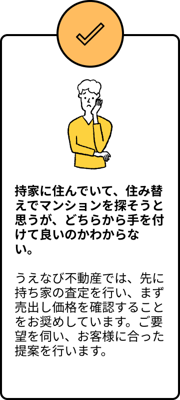 持家に住んでいて、住み替えでマンションを探そうと思うが、どちらから手を付けて良いのかわからない。